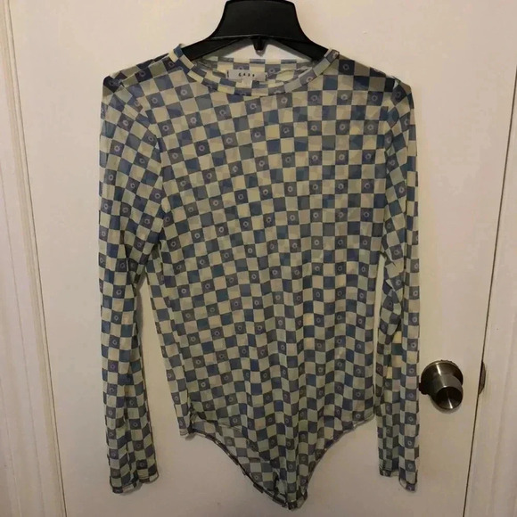 Gaze bodysuit.  Size L. Blue/white blocks with pink flowers in blue squares. - Picture 1 of 5